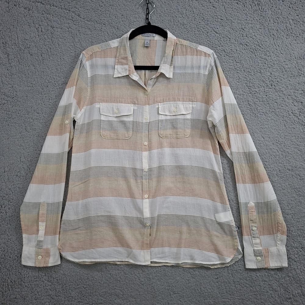 Toad&Co Womens Striped Button Up Shirt Long Sleeve Organic Cotton Beige Size M